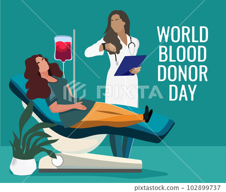 Day donation concept with bag of blood, hand and heart medical sign. Give blood save life. World blood donor day. Vector illustration Day donation concept with bag of blood, hand and heart medical sign. Give blood save life. World blood donor day. Vector illustration 102899737