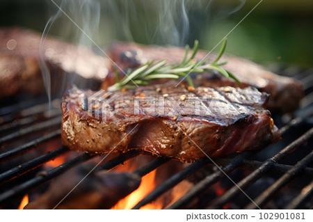 Tasty beef steak on grill with smoke and flames. Generative AI. Tasty beef steak on grill with smoke and flames. Generative AI. 102901081