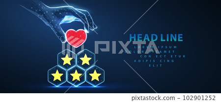5 stars made pyramid with heart in digital hand on top of it. Star rating, review feedback, five stars servise 102901252