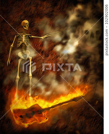 Skeleton on burning bass guitar Skeleton on burning bass guitar 102902006