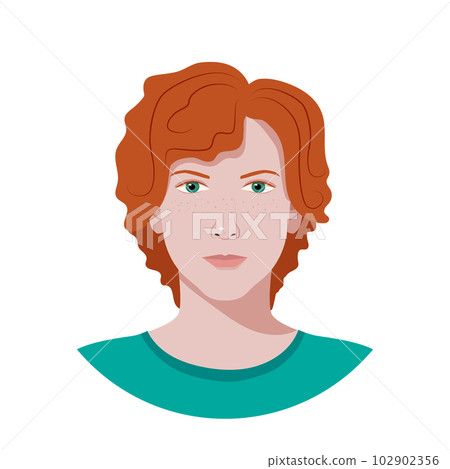 Isolated avatar for social media of teenager in flat style. Vector portrait of european young man with red hair and green eyes on white background. Isolated avatar for social media of teenager in flat style. Vector portrait of european young man with red hair and green eyes on white background. 102902356