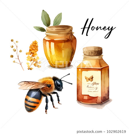 Hand drawn illustration with yellow jar honey watercolor white background. Delicious food. Summer 102902619
