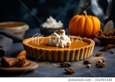 Pumpkin pie for Thanksgiving day. Close up. Generative AI. Pumpkin pie for Thanksgiving day. Close up. Generative AI. 102903388
