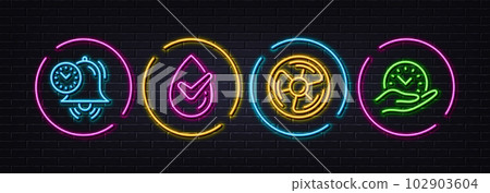 Dermatologically tested, Air fan and Time management minimal line icons. Neon laser 3d lights. Safe time icons. For web, application, printing. Organic, Ventilation turbine, Alarm clock. Vector Dermatologically tested, Air fan and Time management minimal line icons. Neon laser 3d lights. Safe time icons. For web, application, printing. Organic, Ventilation turbine, Alarm clock. Vector 102903604