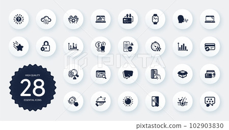 Set of Technology icons, such as Sun energy, Ranking star and Diagram graph flat icons. Lock, Open box, Cyber attack web elements. Money currency, Graph laptop, Dislike signs. Circle buttons. Vector 102903830