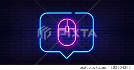 Neon light speech bubble. Computer Mouse icon. Internet surf device sign. PC equipment symbol. Neon light background. Computer Mouse glow line. Brick wall banner. Vector Neon light speech bubble. Computer Mouse icon. Internet surf device sign. PC equipment symbol. Neon light background. Computer Mouse glow line. Brick wall banner. Vector 102904263
