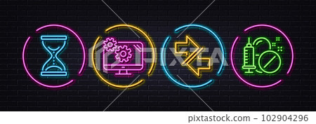 Synchronize, Settings and Time hourglass minimal line icons. Neon laser 3d lights. Medical drugs icons. For web, application, printing. Communication arrows, Cogwheel tool, Sand watch. Vector 102904296