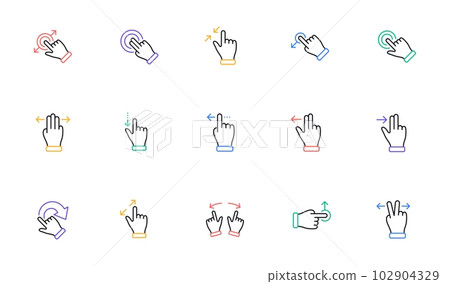 Touchscreen gesture line icons. Hand swipe, Slide gesture, Multitasking icons. Touchscreen technology, tap on screen, drag and drop. Linear set. Bicolor outline web elements. Vector Touchscreen gesture line icons. Hand swipe, Slide gesture, Multitasking icons. Touchscreen technology, tap on screen, drag and drop. Linear set. Bicolor outline web elements. Vector 102904329