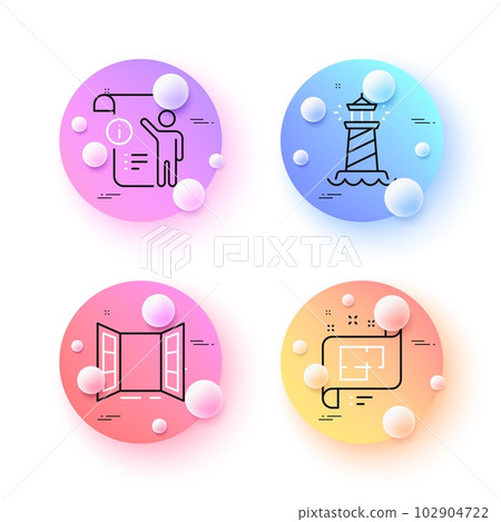 Architectural plan, Lighthouse and Manual doc minimal line icons. 3d spheres or balls buttons. Open door icons. For web, application, printing. Vector Architectural plan, Lighthouse and Manual doc minimal line icons. 3d spheres or balls buttons. Open door icons. For web, application, printing. Vector 102904722