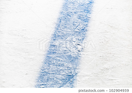 The blue line on the ice of the hockey rink 102904939