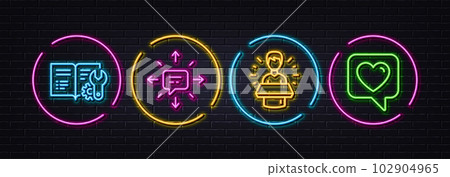 Brand ambassador, Engineering documentation and Sms minimal line icons. Neon laser 3d lights. Heart icons. For web, application, printing. Man speak, Manual, Conversation. Like rating. Vector 102904965