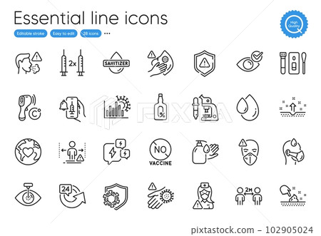 Vaccine announcement, Coronavirus and Cough line icons. Collection of Medical mask, Wash hand, Electronic thermometer icons. 24 hours, Wash hands, Sick man web elements. Nurse, Stress. Vector Vaccine announcement, Coronavirus and Cough line icons. Collection of Medical mask, Wash hand, Electronic thermometer icons. 24 hours, Wash hands, Sick man web elements. Nurse, Stress. Vector 102905024