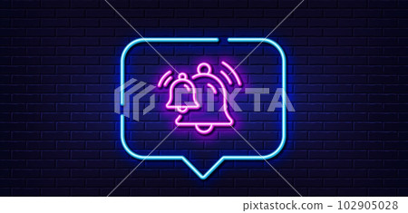 Neon light speech bubble. Bells line icon. Alarm reminder sign. Notification symbol. Neon light background. Bell glow line. Brick wall banner. Vector Neon light speech bubble. Bells line icon. Alarm reminder sign. Notification symbol. Neon light background. Bell glow line. Brick wall banner. Vector 102905028