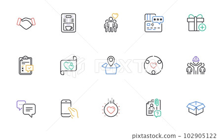 Coffee maker, Add gift and Checklist line icons for website, printing. Collection of Card, Engineering team, Search employee icons. Opened box, Friendship, Dots message web elements. Vector 102905122