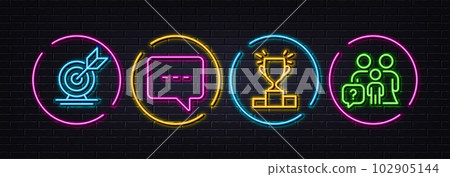 Winner podium, Blog and Target goal minimal line icons. Neon laser 3d lights. Family questions icons. For web, application, printing. Competition results, Chat message, Successful business. Vector Winner podium, Blog and Target goal minimal line icons. Neon laser 3d lights. Family questions icons. For web, application, printing. Competition results, Chat message, Successful business. Vector 102905144