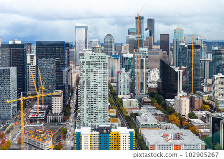 Aerial view of downtown in Seattle from Space Needle on rainy day 102905267