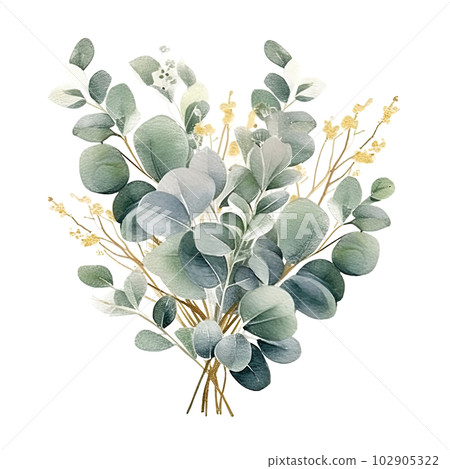 Watercolor green and golden eucalyptus leaves. Illustration AI Generative 102905322