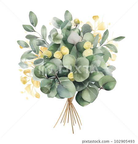Watercolor green and golden eucalyptus leaves. Illustration AI Generative 102905493