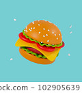 3d render of a hamburger on a blue background. juicy burger with sesame seeds flying around 102905639