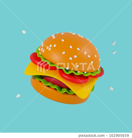 3d render of a hamburger on a blue background. juicy burger with sesame seeds flying around 3d render of a hamburger on a blue background. juicy burger with sesame seeds flying around 102905639