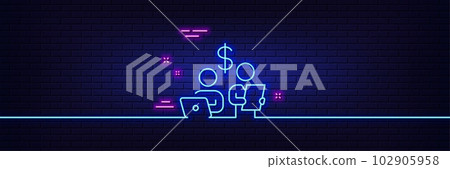 Neon light glow effect. Budget accounting line icon. Money investment sign. Stock shares traders symbol. 3d line neon glow icon. Brick wall banner. Budget accounting outline. Vector 102905958
