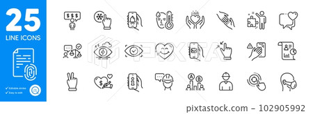 Outline icons set. Ab testing, Medical mask and Hold heart icons. Seo target, Fingerprint, Foreman web elements. Helping hand, Freezing click, Engineer signs. Touchscreen gesture. Vector Outline icons set. Ab testing, Medical mask and Hold heart icons. Seo target, Fingerprint, Foreman web elements. Helping hand, Freezing click, Engineer signs. Touchscreen gesture. Vector 102905992