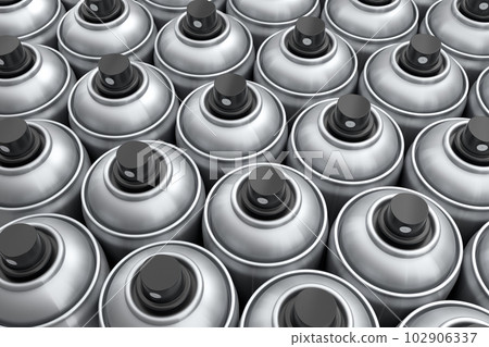 Set of spray paint cans in row on white background. Spray bottle and dispenser 102906337