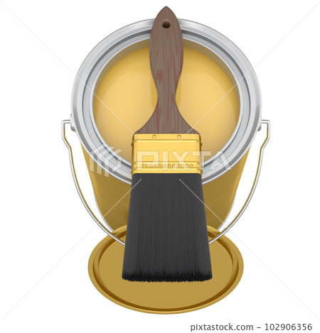 Open metal can or buckets with paint bristle brush on white background. 102906356