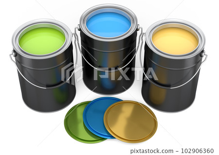 Set of open metal can or buckets of paint with handle on white background. 102906360