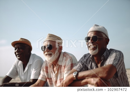 Elderly people enjoy company on sunny summer beach 102907472