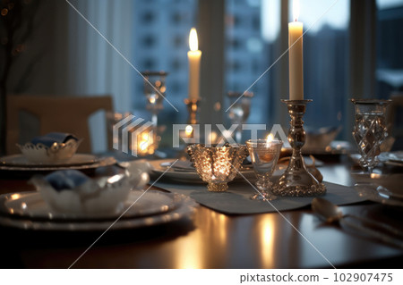 Romantic table setting with candles and flowers Romantic table setting with candles and flowers 102907475