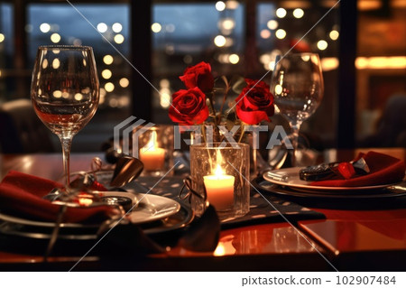 Romantic table setting with candles and flowers Romantic table setting with candles and flowers 102907484