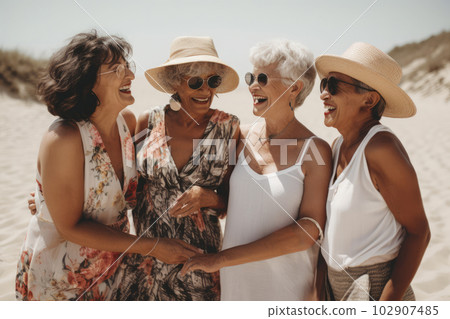 Elderly people enjoy company on sunny summer beach 102907485