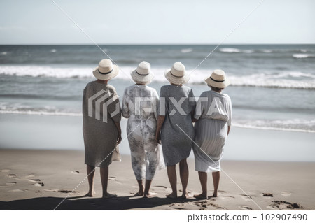 Elderly people enjoy company on sunny summer beach 102907490