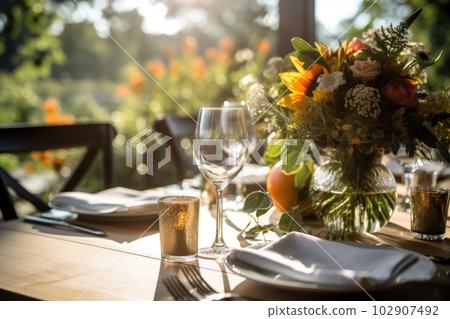Romantic table setting with candles and flowers Romantic table setting with candles and flowers 102907492