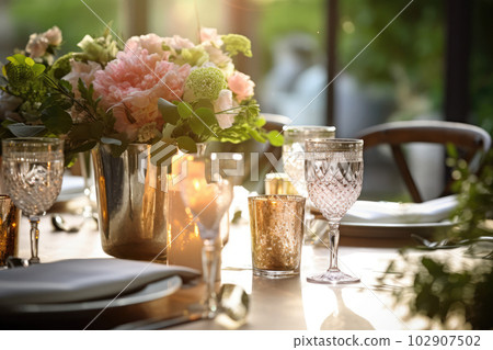 Romantic table setting with candles and flowers 102907502