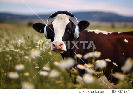 A cow listens to music with headphones in a field, Generative AI 102907555