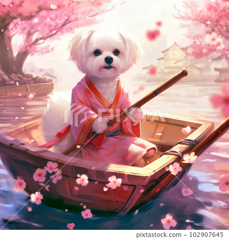 A dog sits in a sakura boat on a lake, Generative AI 102907645