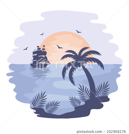 Seascape, sunset in the tropical sea with a frigate, a palm tree and seagulls on a watercolor background. Illustration, icon, vector 102908276
