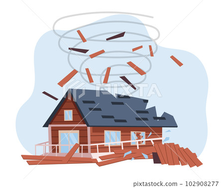 Destroyed house. Hurricane, tornado, earthquake. The concept of natural disasters. Illustration, vector 102908277