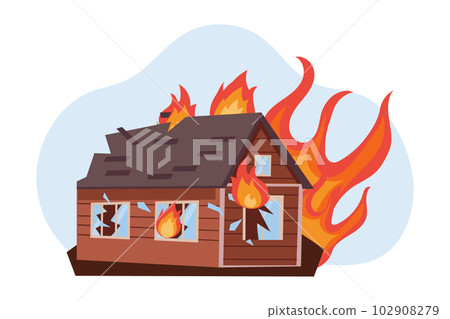 Destroyed house on fire, burning house on fire and smoke. Hurricane, tornado, earthquake. The concept of natural disasters. Illustration, vector 102908279
