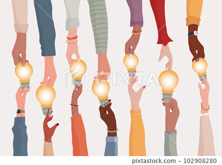 Brainstorming concept.Metaphor of diverse people proposing or sharing innovative ideas solutions and agreements.Collaborating colleagues or co-workers.Hands holding a light bulb.Teamwork Brainstorming concept.Metaphor of diverse people proposing or sharing innovative ideas solutions and agreements.Collaborating colleagues or co-workers.Hands holding a light bulb.Teamwork 102908280