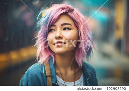 Beautiful asian woman with pastel colorful hair. Generative AI illustration 102908290