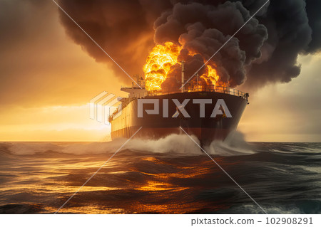 Cargo ship explosion with fire and smoke. Generative AI illustration Cargo ship explosion with fire and smoke. Generative AI illustration 102908291