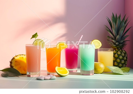 Tropical cocktail set on minimal pastel background. Generative AI illustration 102908292