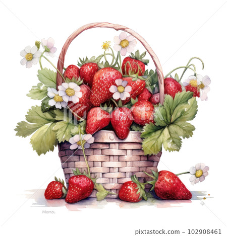 Watercolor strawberries in basket. Illustration AI Generative 102908461