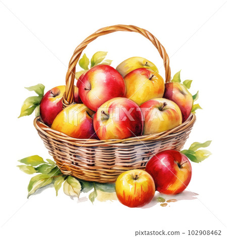 Watercolor apples in basket. Illustration AI Generative Watercolor apples in basket. Illustration AI Generative 102908462