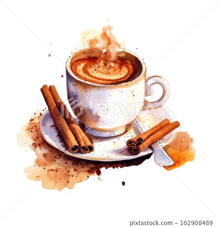 Watercolor coffee with cinnamon. Illustration AI Generative 102908489