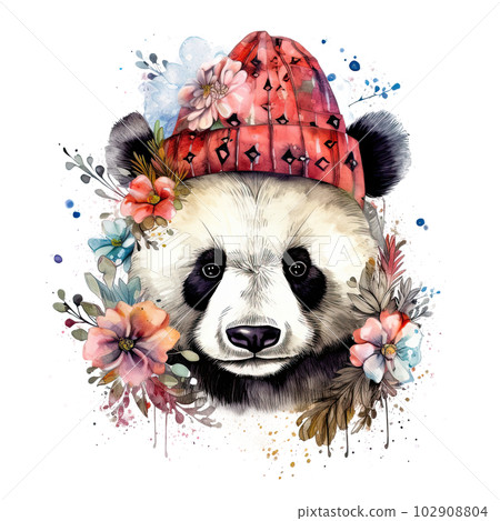 Watercolor panda in hat with flowers. Illustration AI Generative 102908804