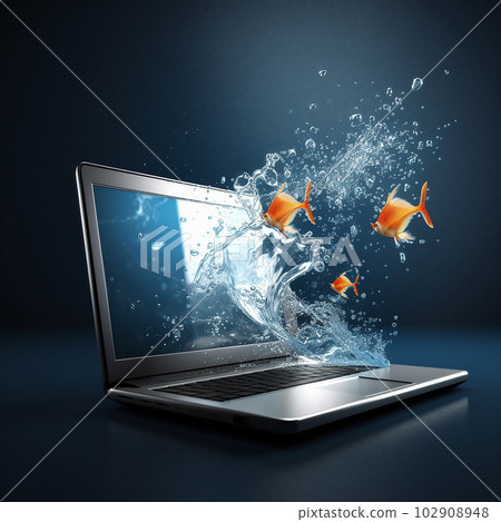 Golden fish and water protrude from laptop screen, transition of virtual reality to real one, life from Internet Golden fish and water protrude from laptop screen, transition of virtual reality to real one, life from Internet 102908948